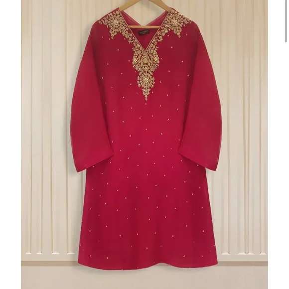Original Agha Noor Pure Cotton Net Hand Embroidered Shirt and Pants | Color: Red | Size: L | Naziyam's Closet